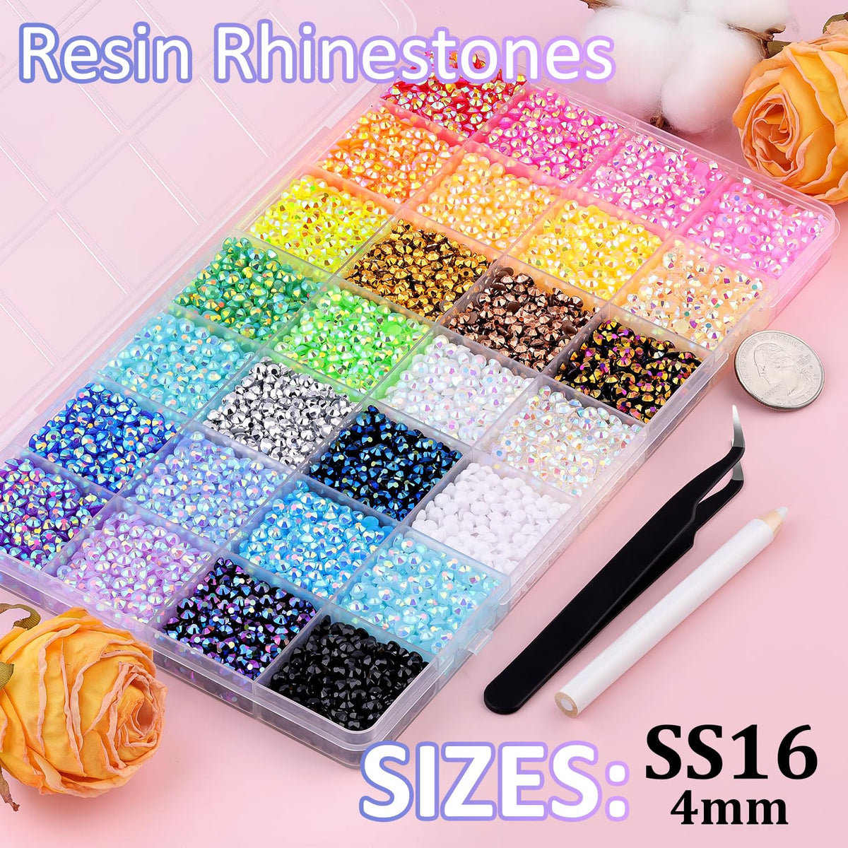 TINKRSTUFF close-up showing AB finish on 4mm resin rhinestones for vivid sparkle