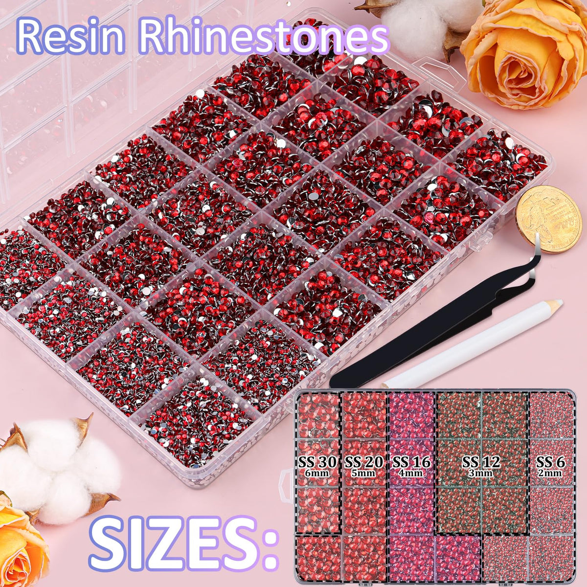 TINKRSTUFF open compartment box displaying sorted rhinestone sizes for fast access