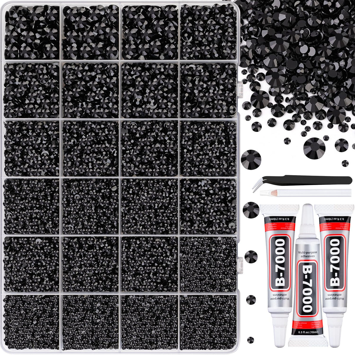 TINKRSTUFF box open showing 24 grids of black rhinestones and organization benefit