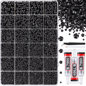 TINKRSTUFF box open showing 24 grids of black rhinestones and organization benefit