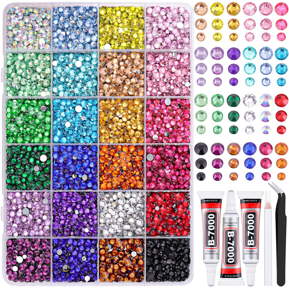 TINKRSTUFF open storage box showing 24 grids and multicolor rhinestones for easy organization