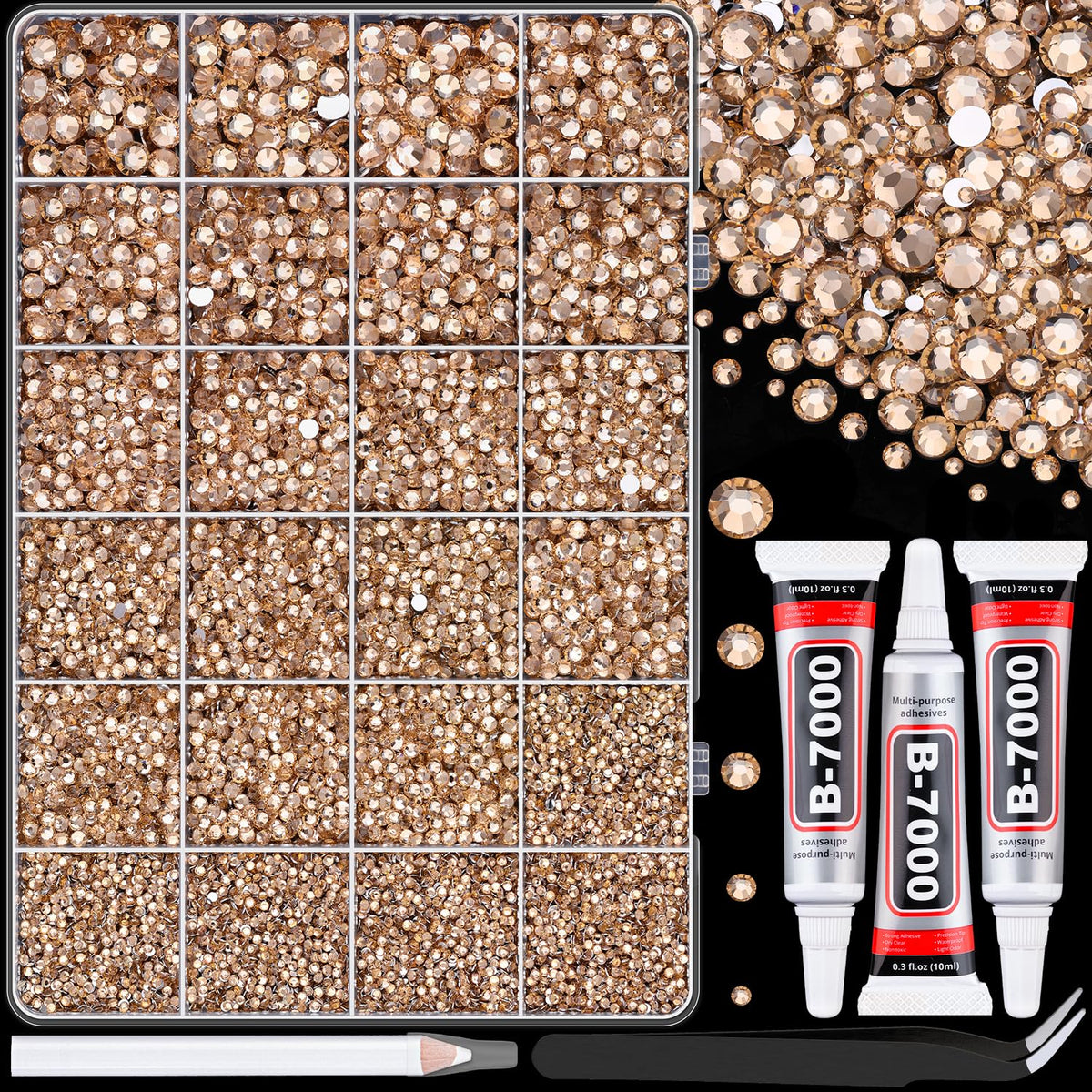 TINKRSTUFF front organizer box showing 24 grids and champagne gems for easy storage