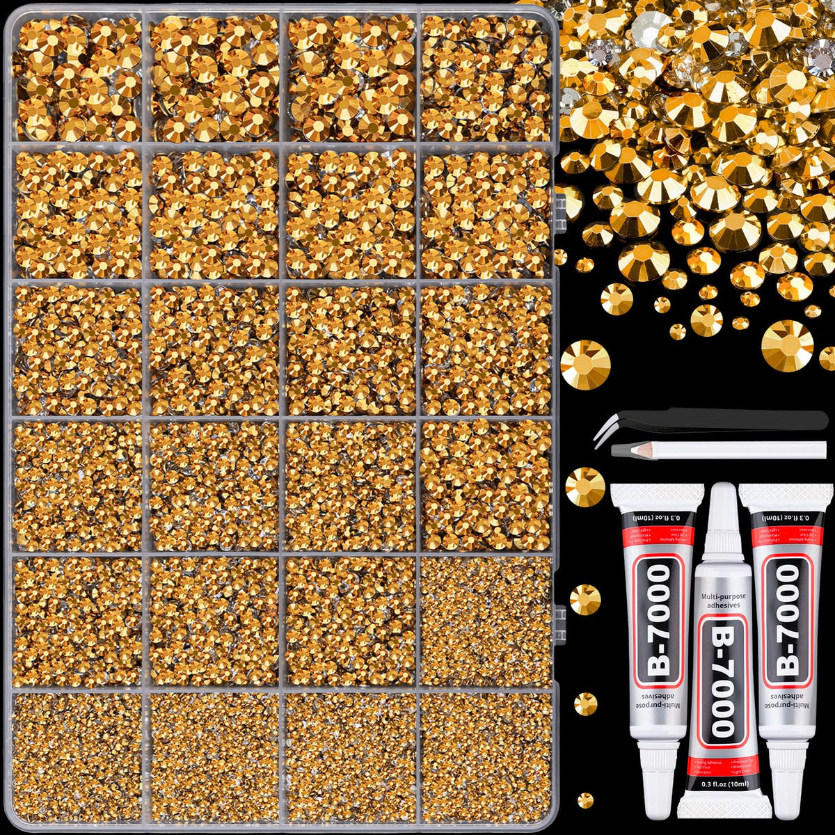 TINKRSTUFF front package view showing organized 24-grid rhinestone box and included tools for quick start