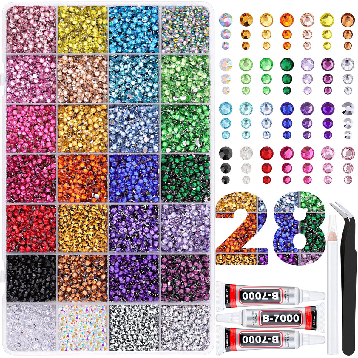 TINKRSTUFF front packaging showing 28-grid box and organized gems for easy selection
