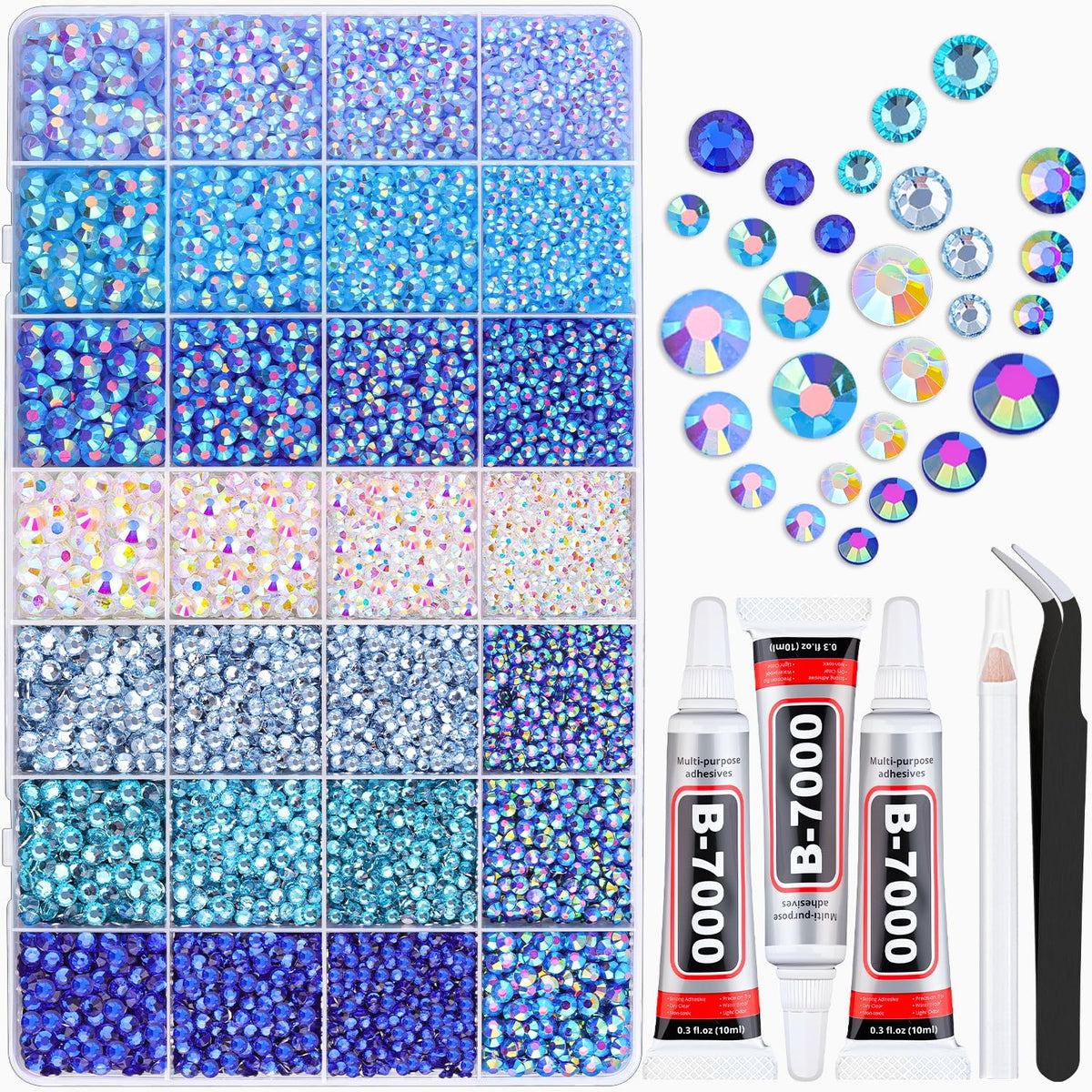 TINKRSTUFF front packaging showing blue rhinestone kit and included tools for easy crafting