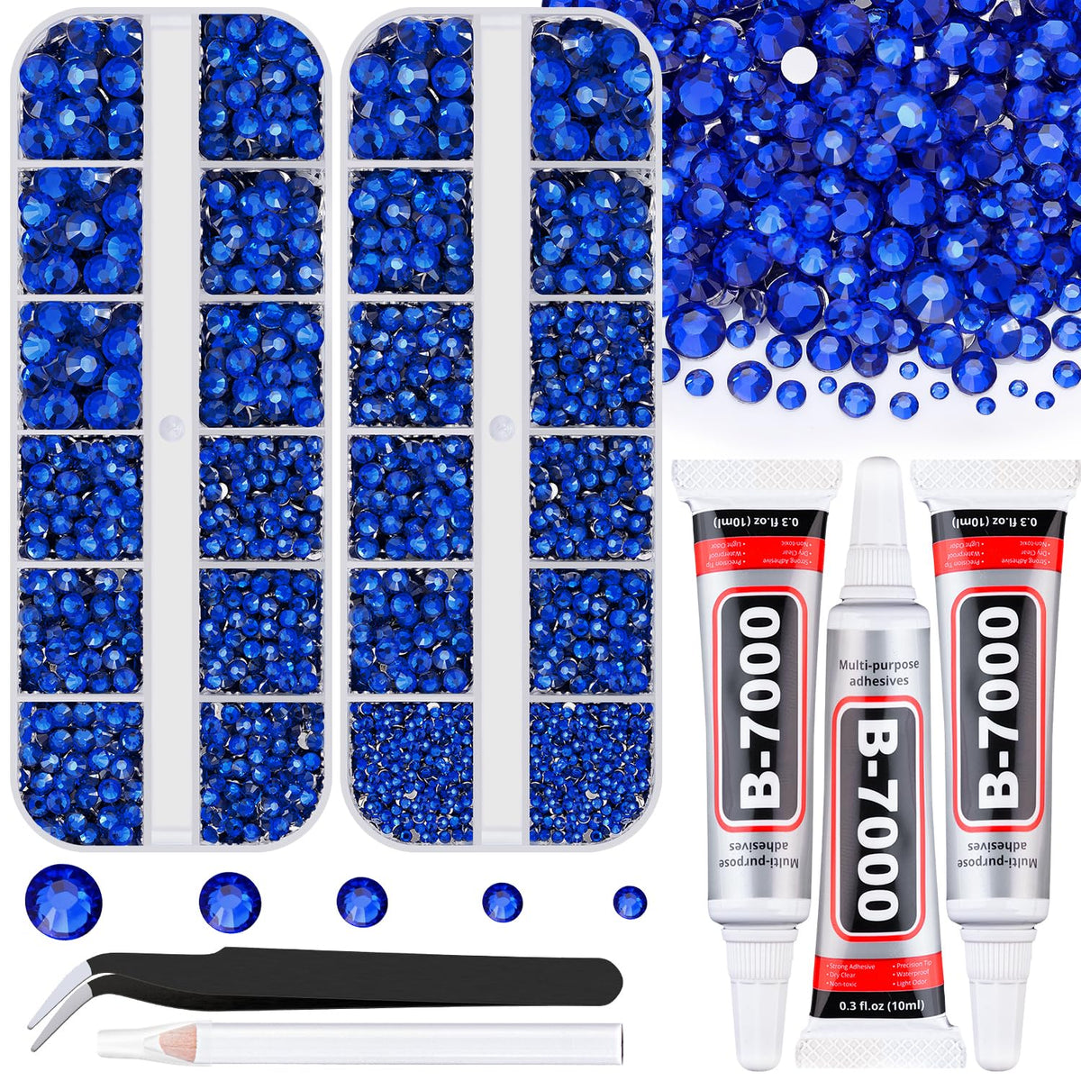 TINKRSTUFF front packaging showing two blue rhinestone boxes and tools for easy crafting