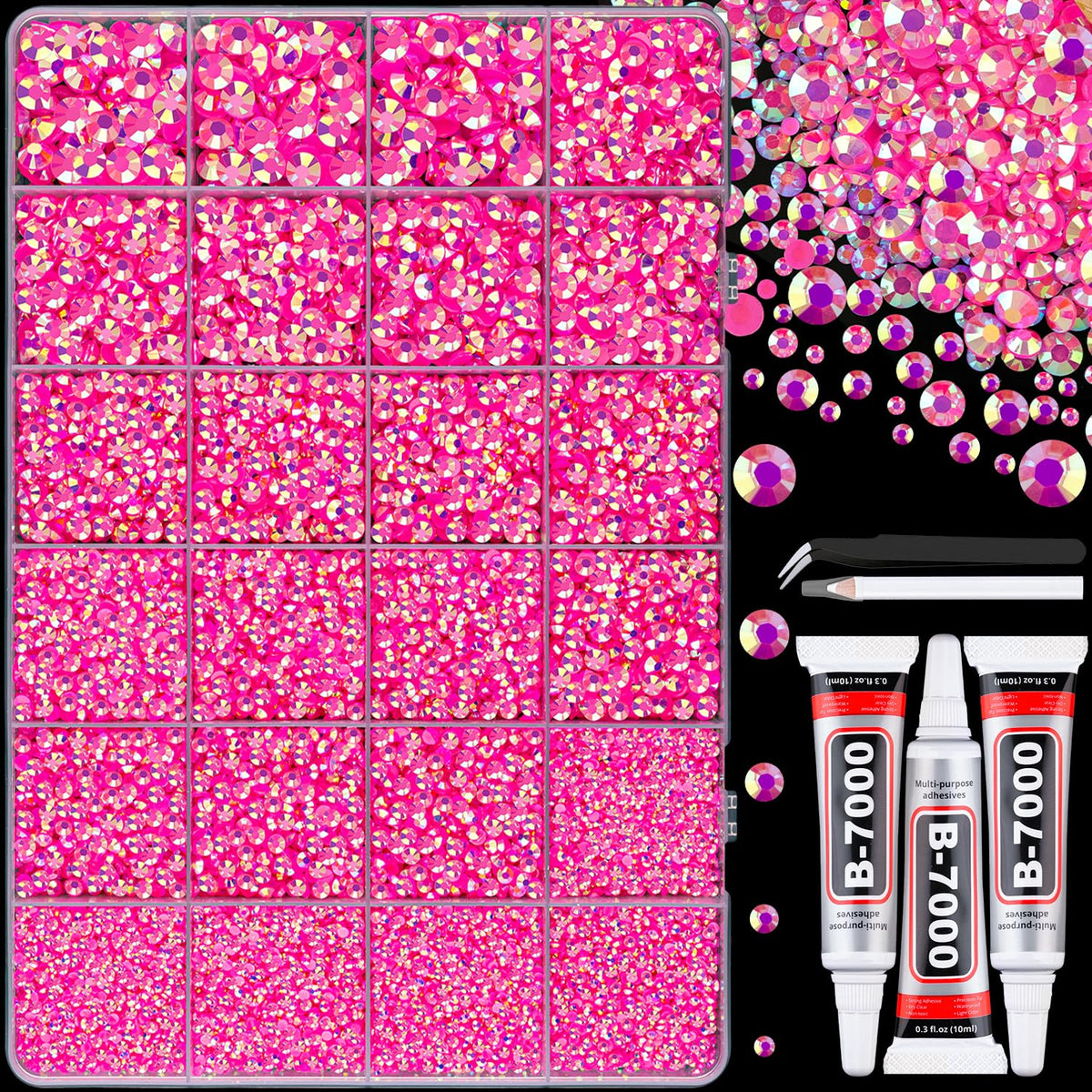 TINKRSTUFF front packaging showing hot pink AB rhinestones and tools for quick start
