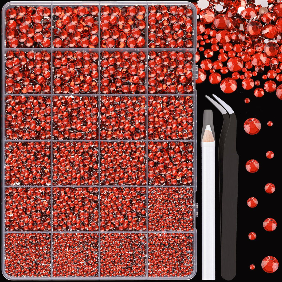 TINKRSTUFF front packaging showing 24-grid box and red rhinestones for easy storage