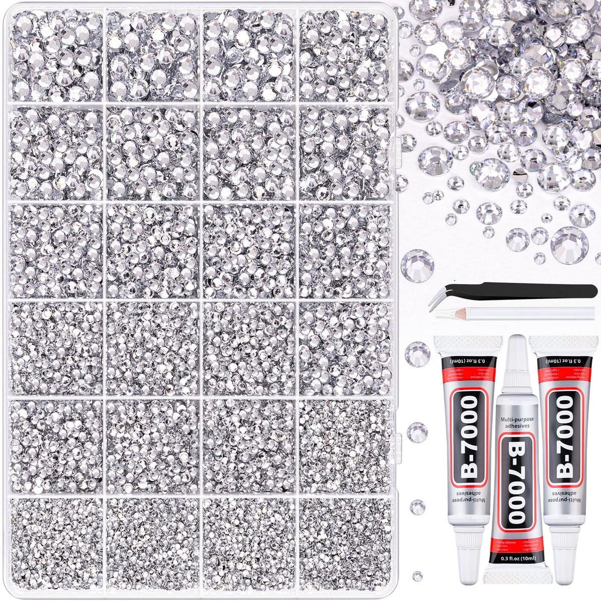 TINKRSTUFF front packaging of rhinestone kit showing contents and benefit of organized storage
