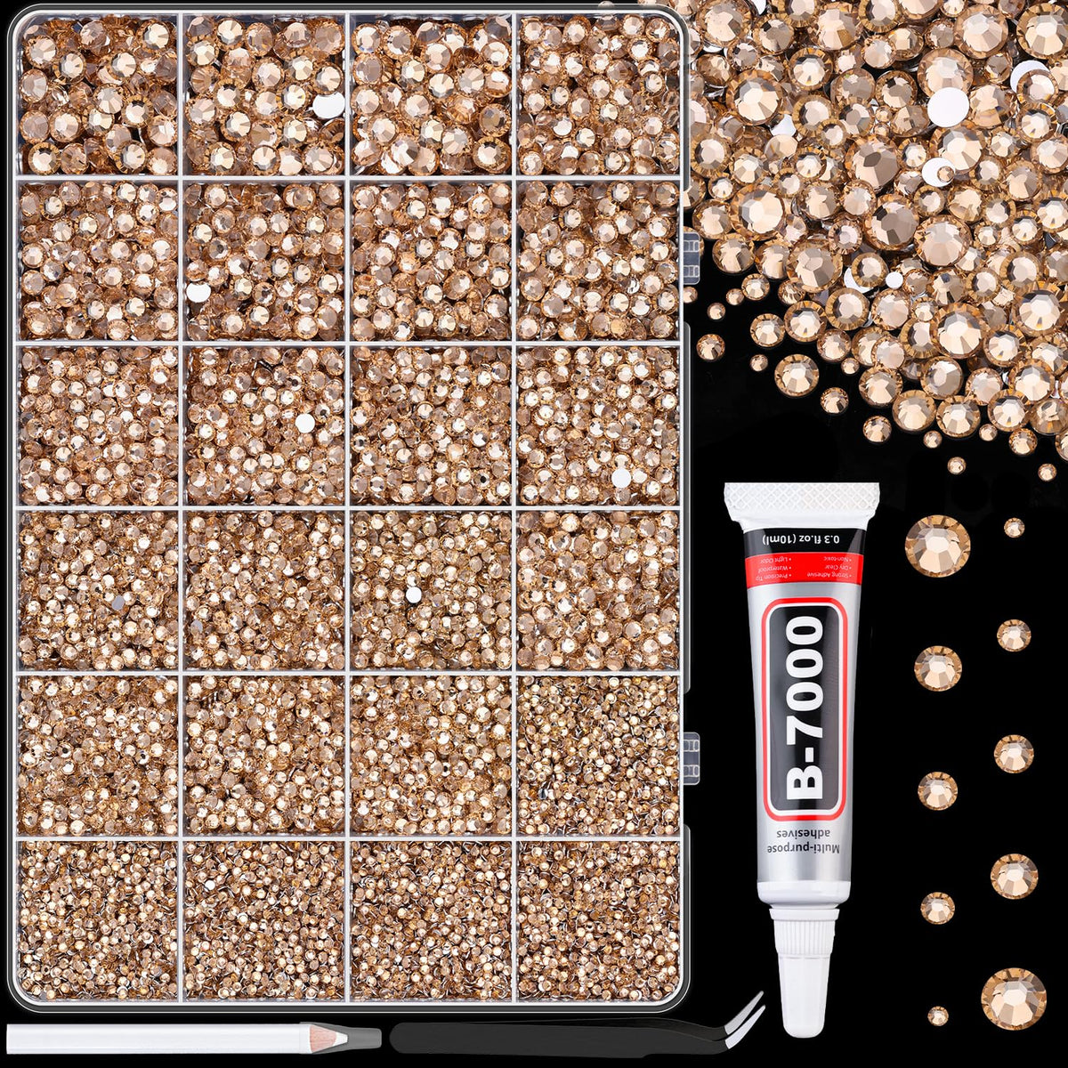 TINKRSTUFF front packaging showing champagne rhinestones and tools for easy project start