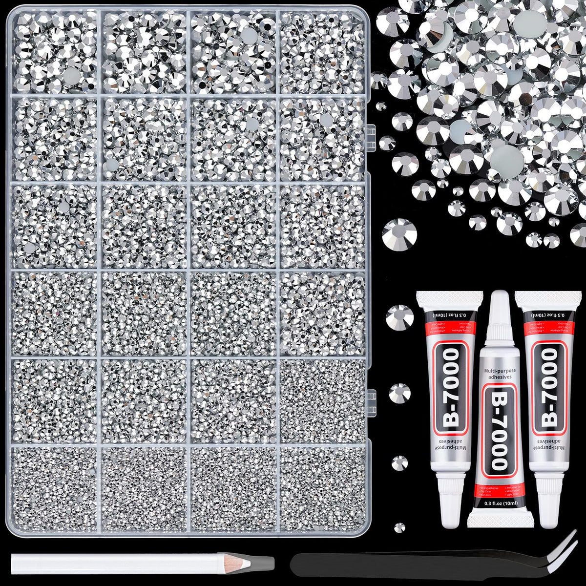 TINKRSTUFF front packaging showing full 24-grid rhinestone kit and tools for instant crafting