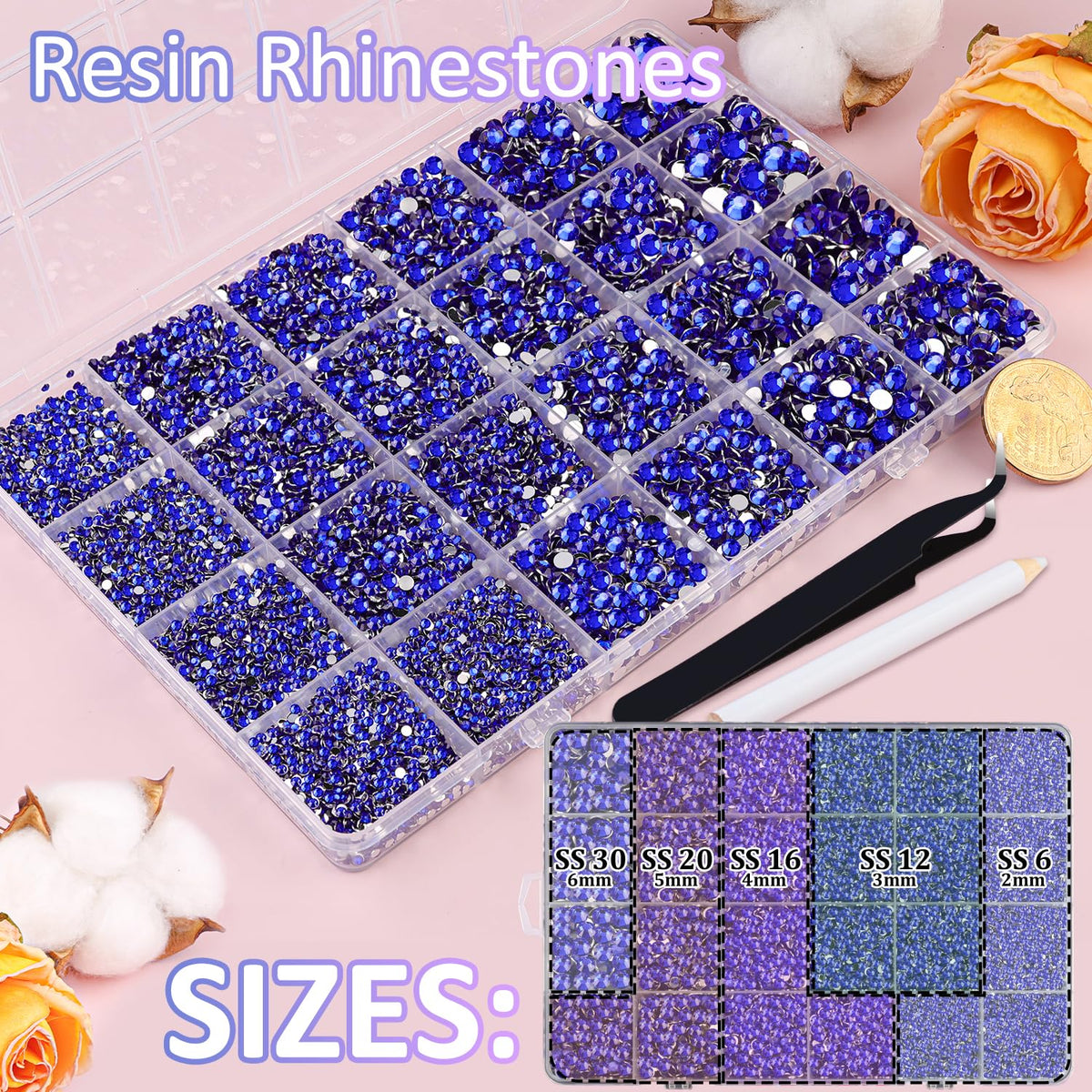 TINKRSTUFF organized 24-grid box displaying multiple rhinestone sizes for quick selection