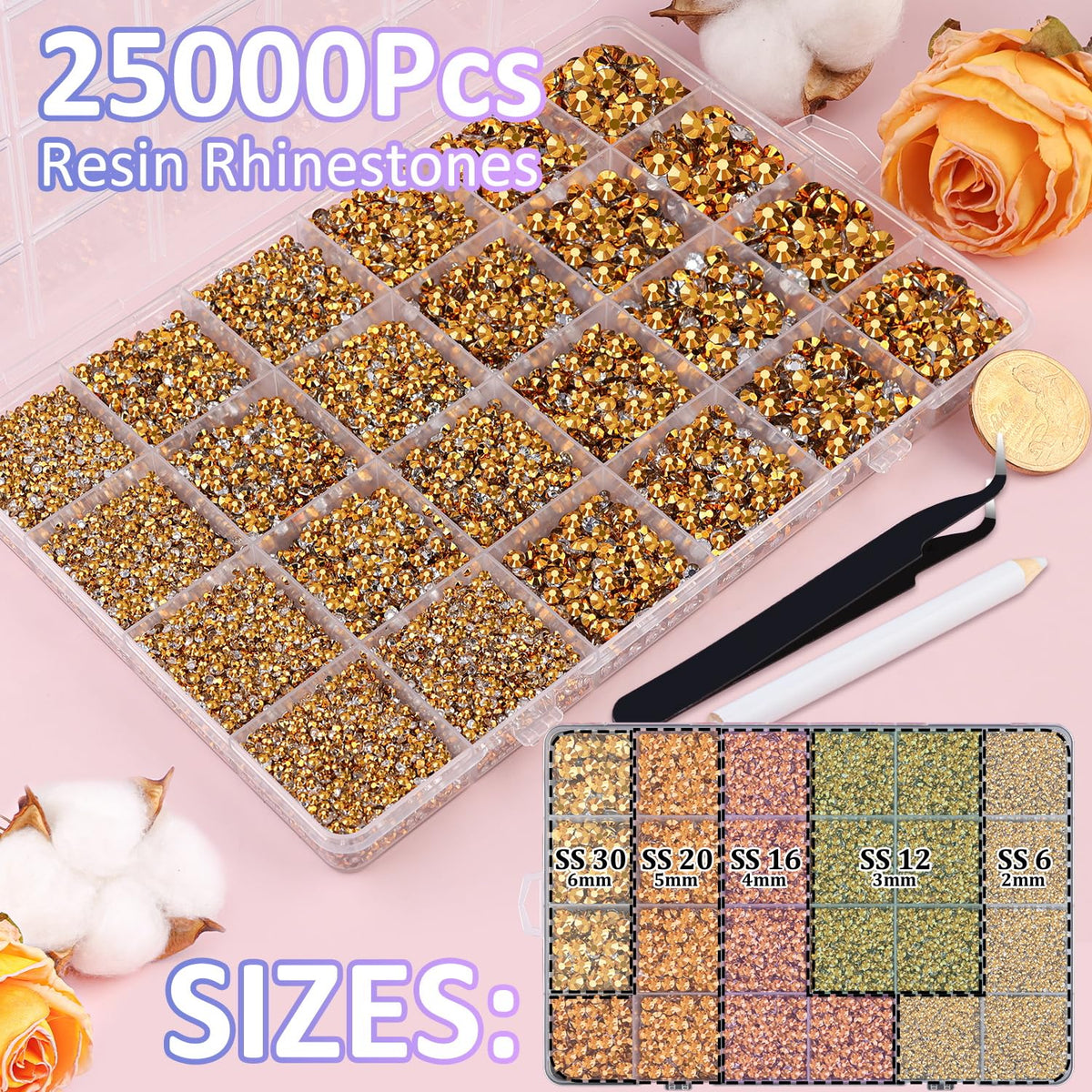 TINKRSTUFF grid organizer closeup displaying sorted 2–6mm gold flatback gems for easy selection