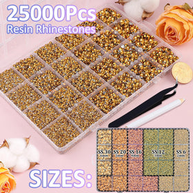 TINKRSTUFF grid organizer closeup displaying sorted 2–6mm gold flatback gems for easy selection