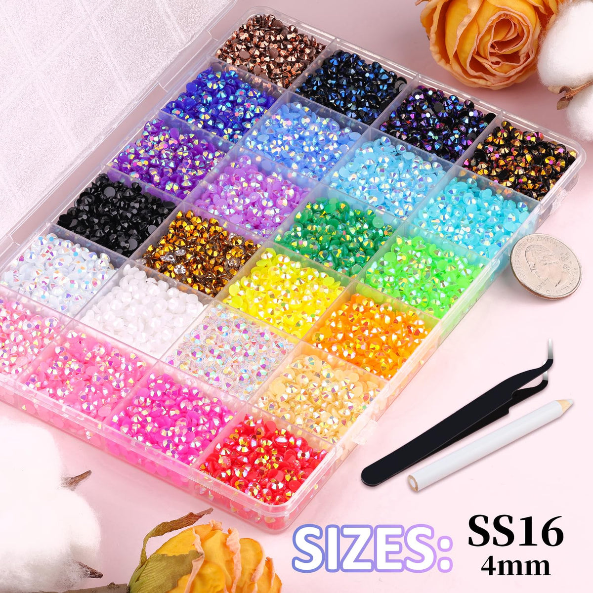 TINKRSTUFF open box with mixed-color 4mm rhinestones, organized for quick access