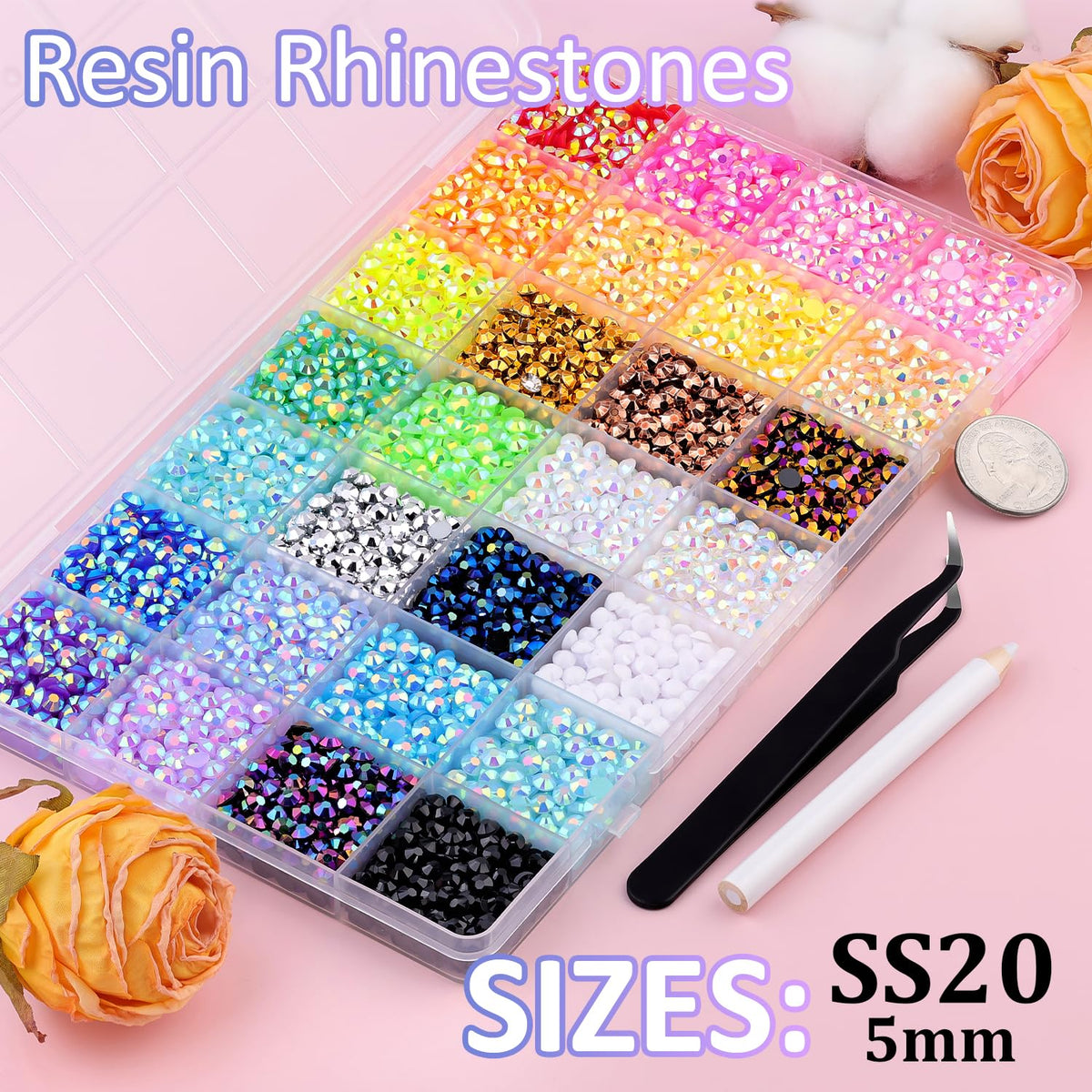TINKRSTUFF open grid revealing 28 compartments of colorful 5mm resin rhinestones