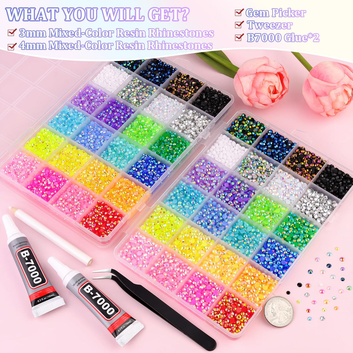 TINKRSTUFF open storage box with 24 grids displaying multicolor 3mm and 4mm gems for quick selection