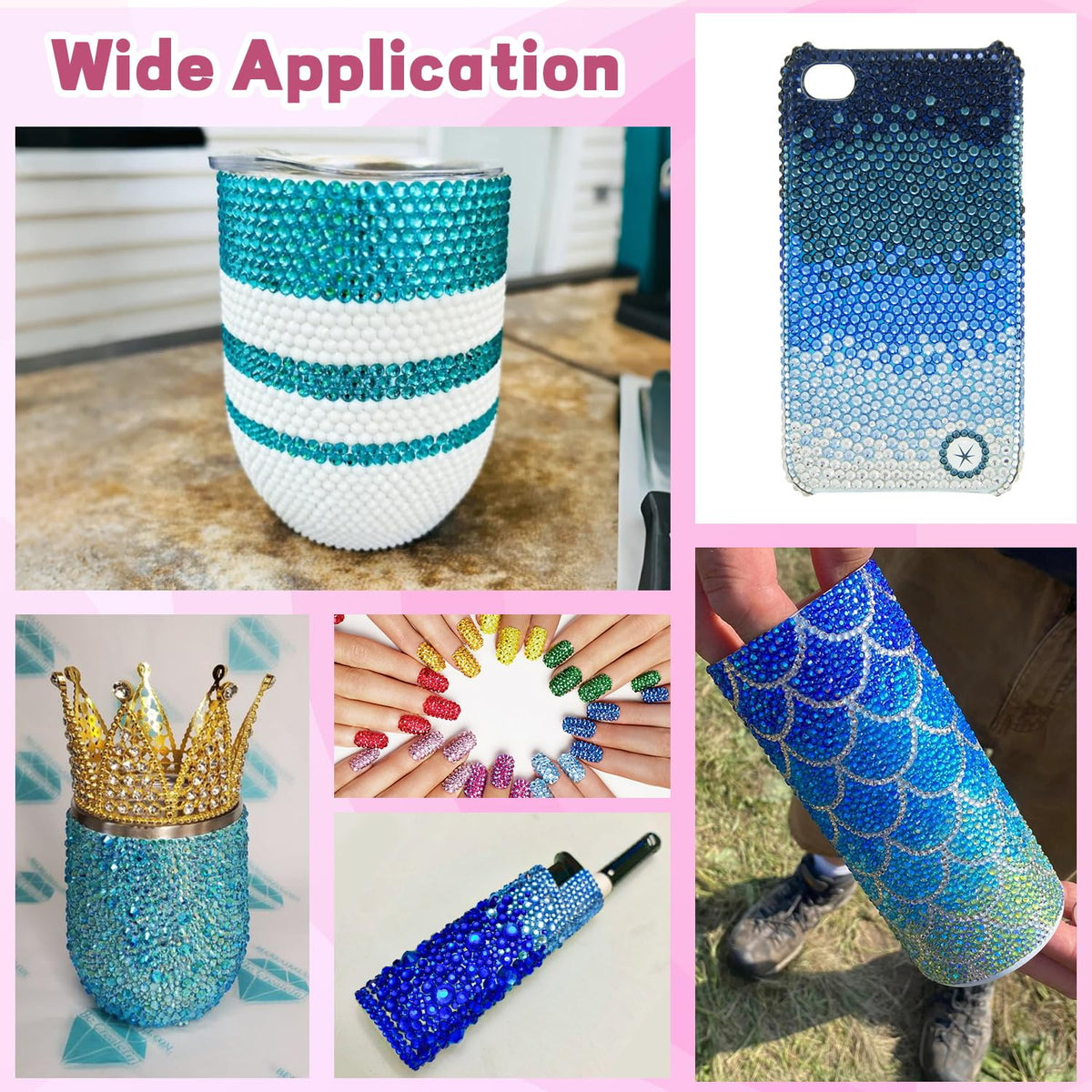 TINKRSTUFF decorated tumbler with blue gems demonstrating vivid sparkle and coverage