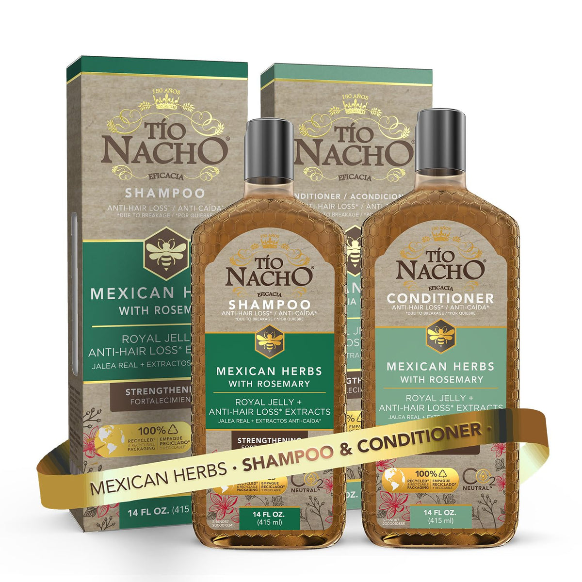 Tío Nacho front packaging showing shampoo and conditioner, clear benefits visible
