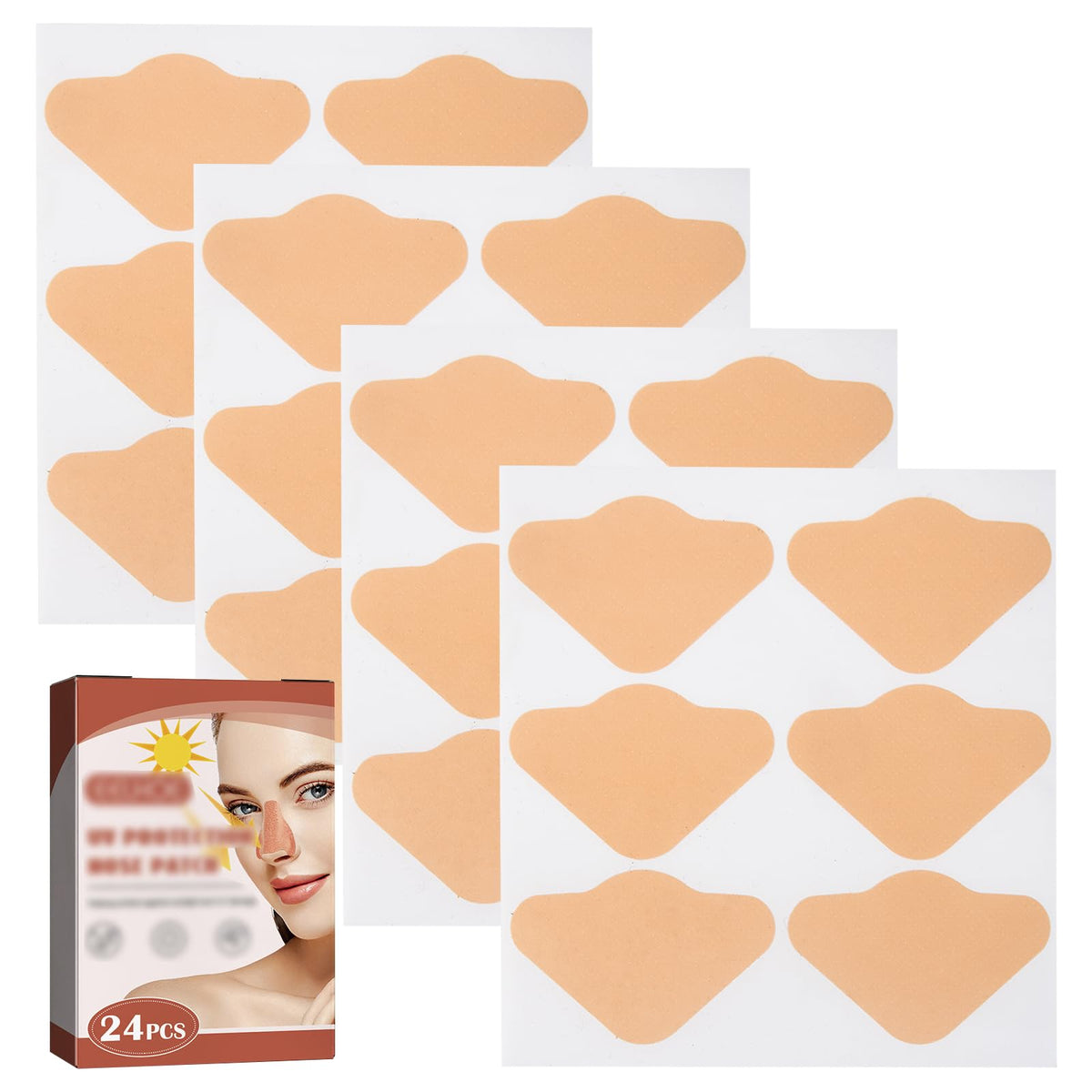 Tipuuz front packaging displaying 24 beige nose sun patches and benefits