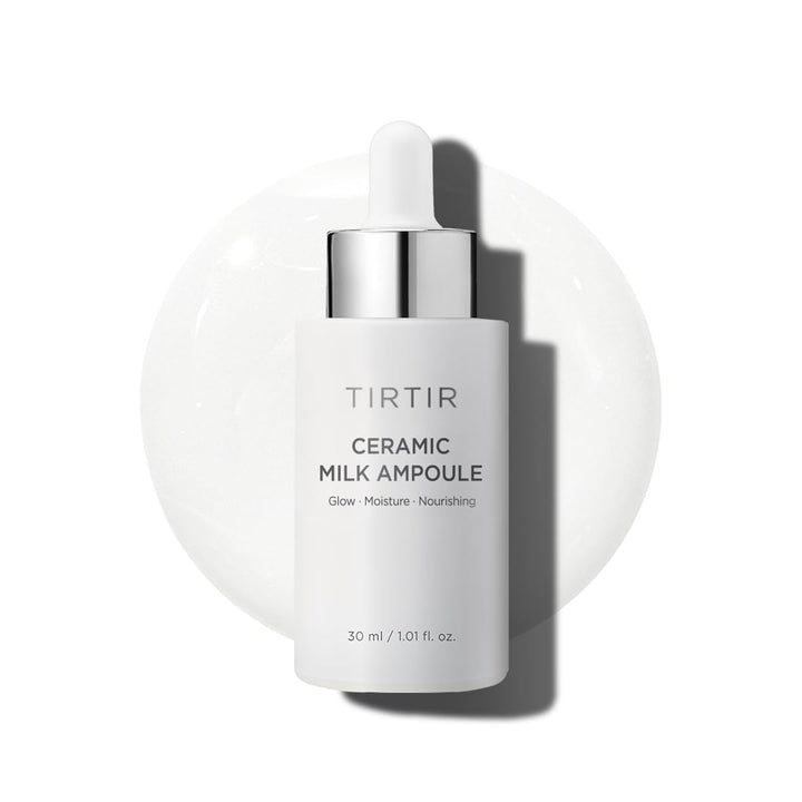 TIRTIR front bottle view showing sleek ampoule and glossy finish benefit