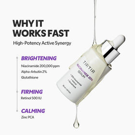 TIRTIR ingredient visual with niacinamide and zinc icons, emphasizes oil control benefit