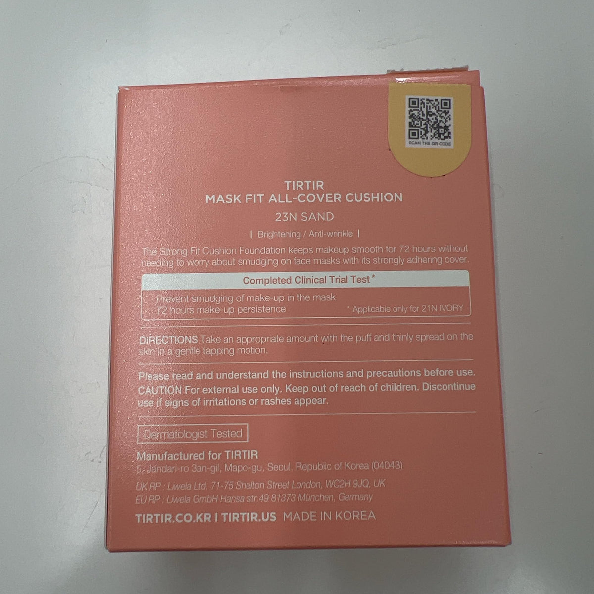 TIRTIR product label close-up showing shade, size, and core features