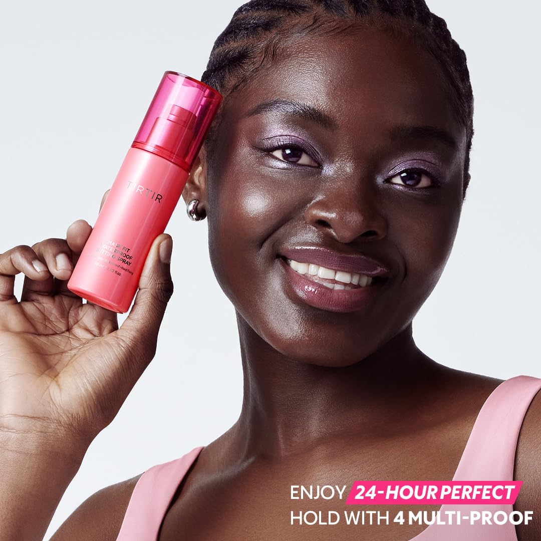 TIRTIR misting on model outdoors showing sweatproof hold and long-lasting makeup benefit