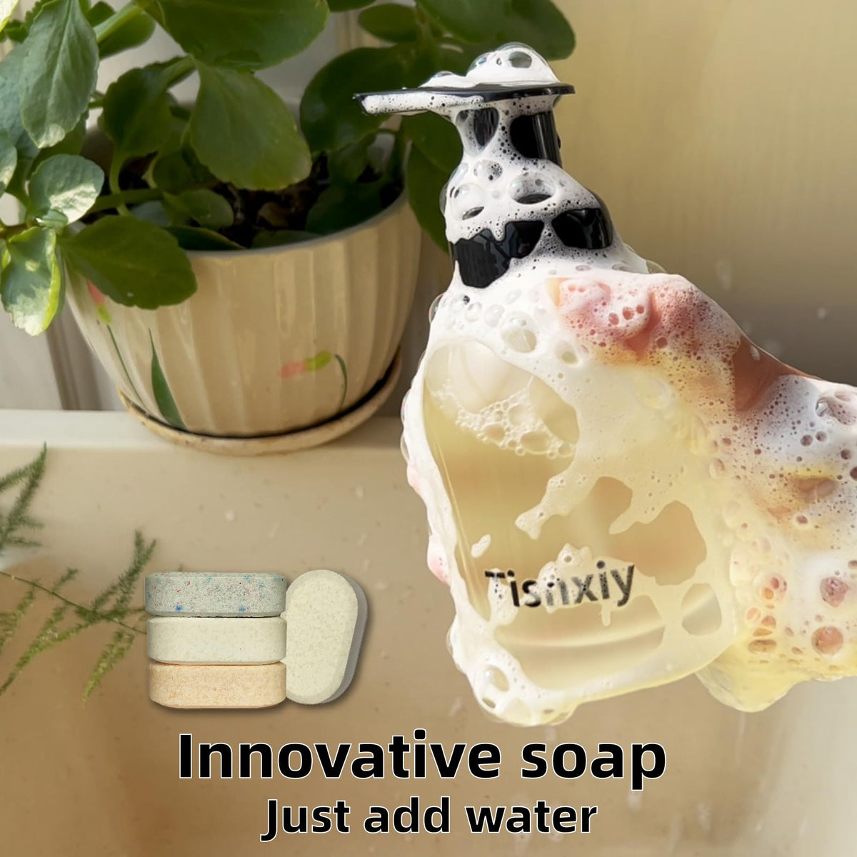 Tisnxiy tablet dissolving in warm water producing solution for foaming dispenser