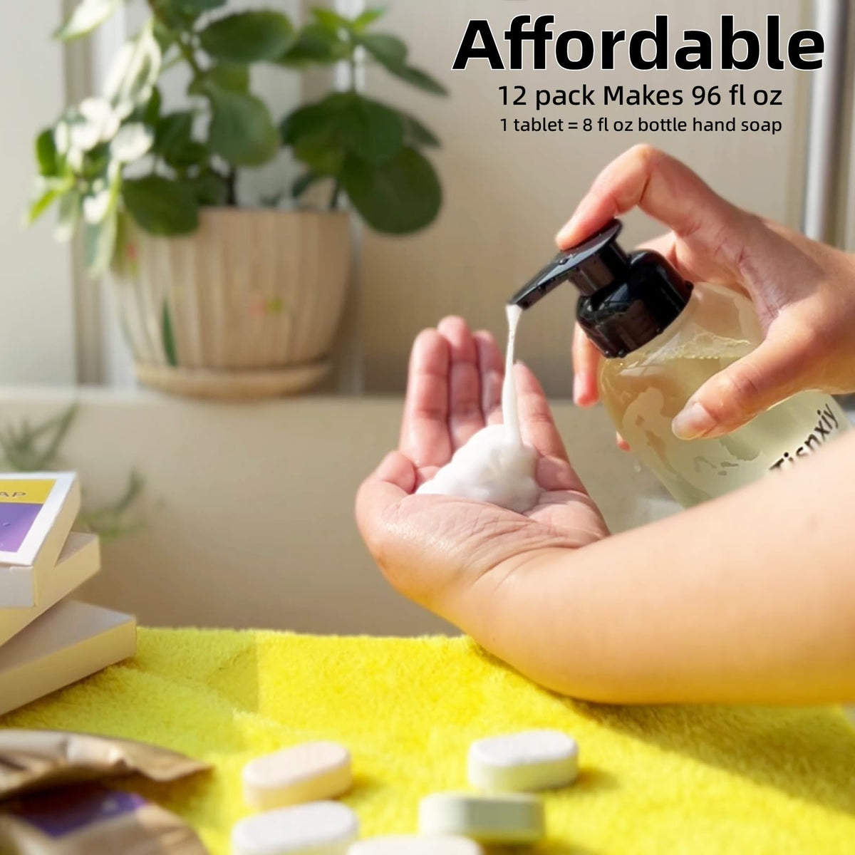 Tisnxiy foaming soap dispensed into palm showing gentle suds and moisturizing feel