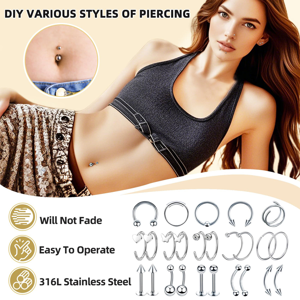 TKKUY labret studs and curved barbells close-up demonstrating quality finish