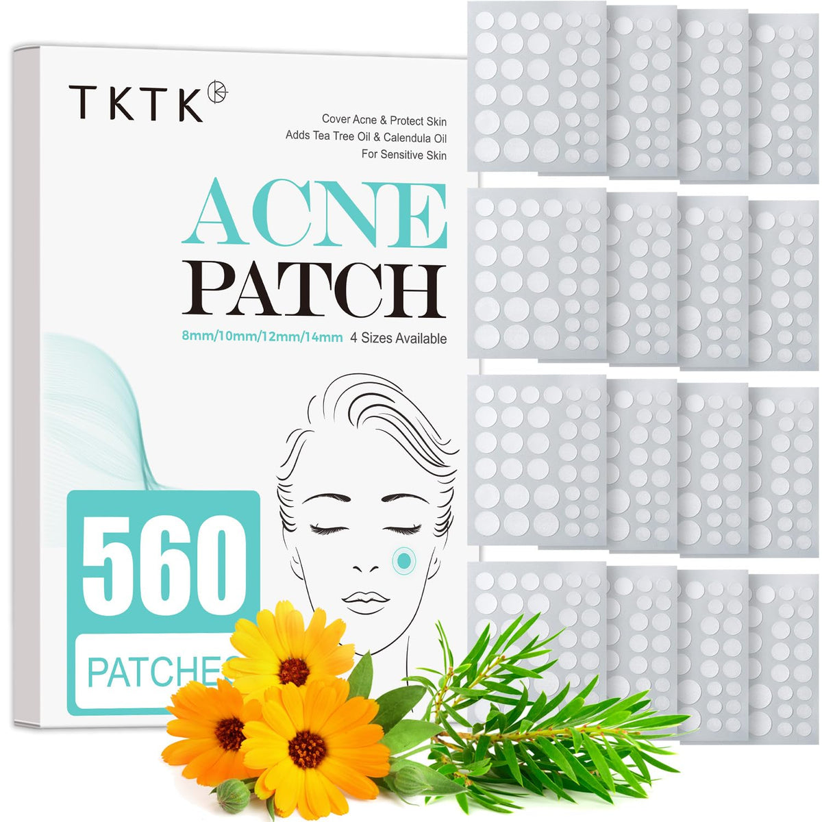 TKTK front packaging showing 560 acne patches and four-size kit for convenience