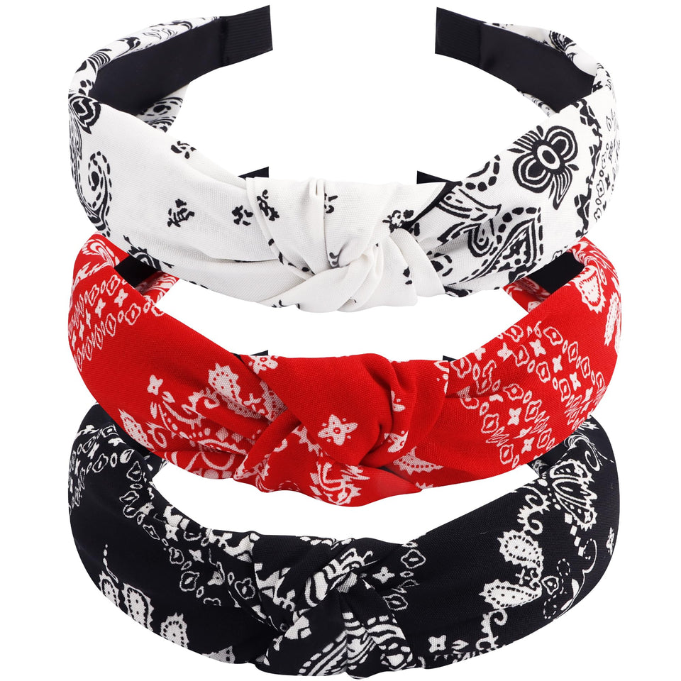 TOBATOBA front view of three paisley headbands showing colors and style benefits