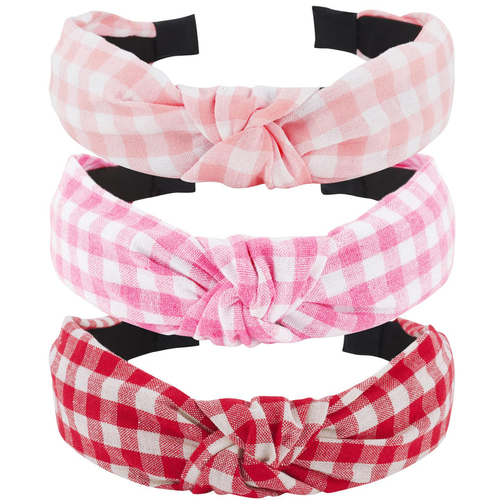 TOBATOBA front view showing three pink plaid headbands, adds vintage charm