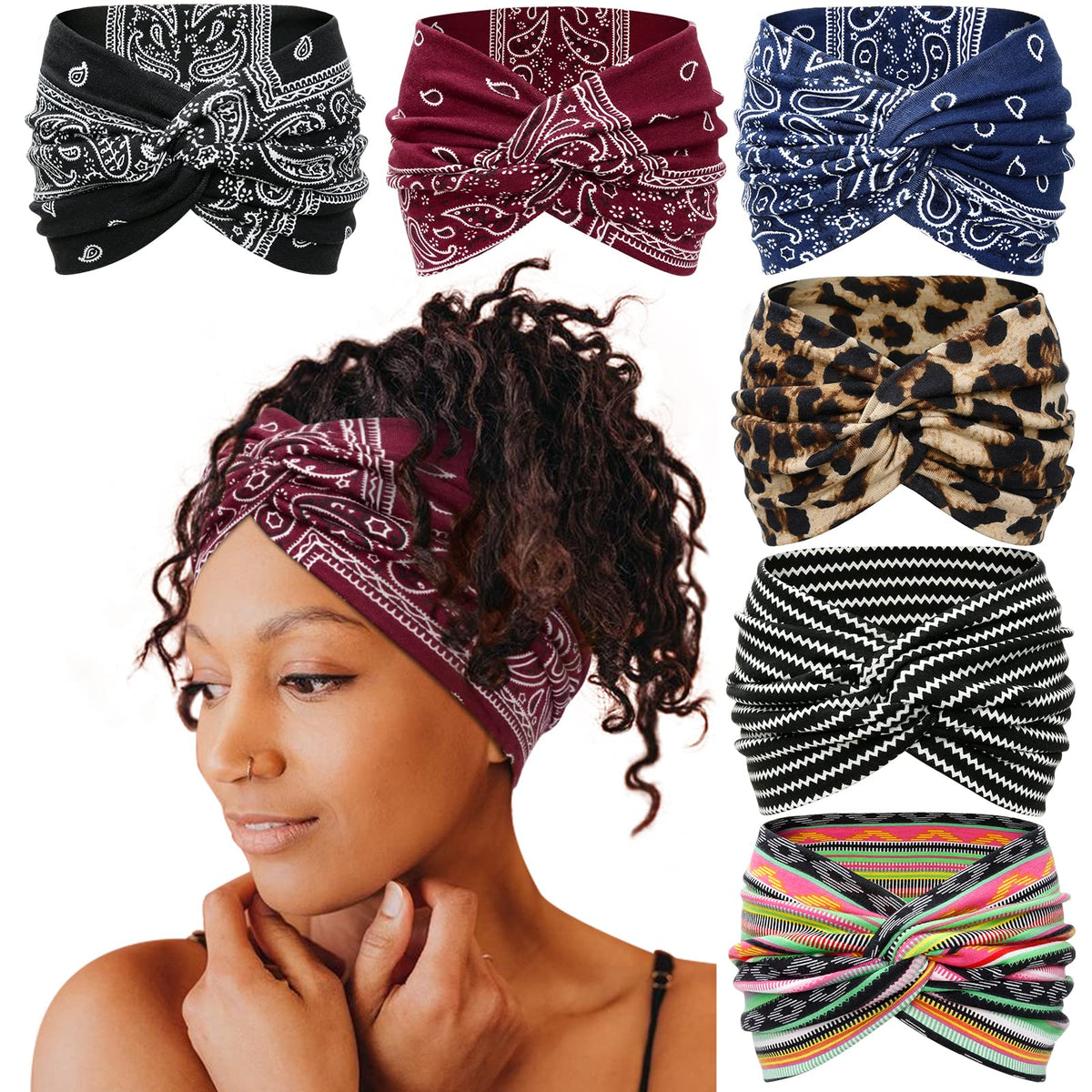 Tobeffect front view of six-pack headbands showing colors and prints for outfit variety