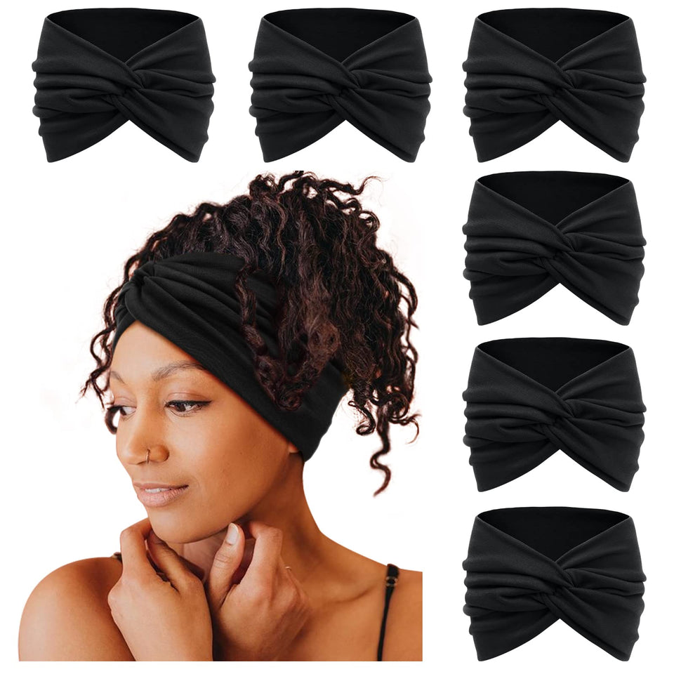 Tobeffect front view of black turban headband showing neat knot and coverage benefit