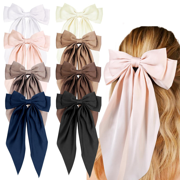 Tobeffect front view of eight satin bow clips showing color variety and gift-ready set