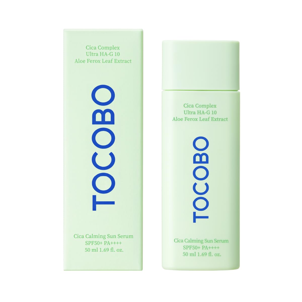 TOCOBO front packaging showing SPF50+ serum protection and calming benefits