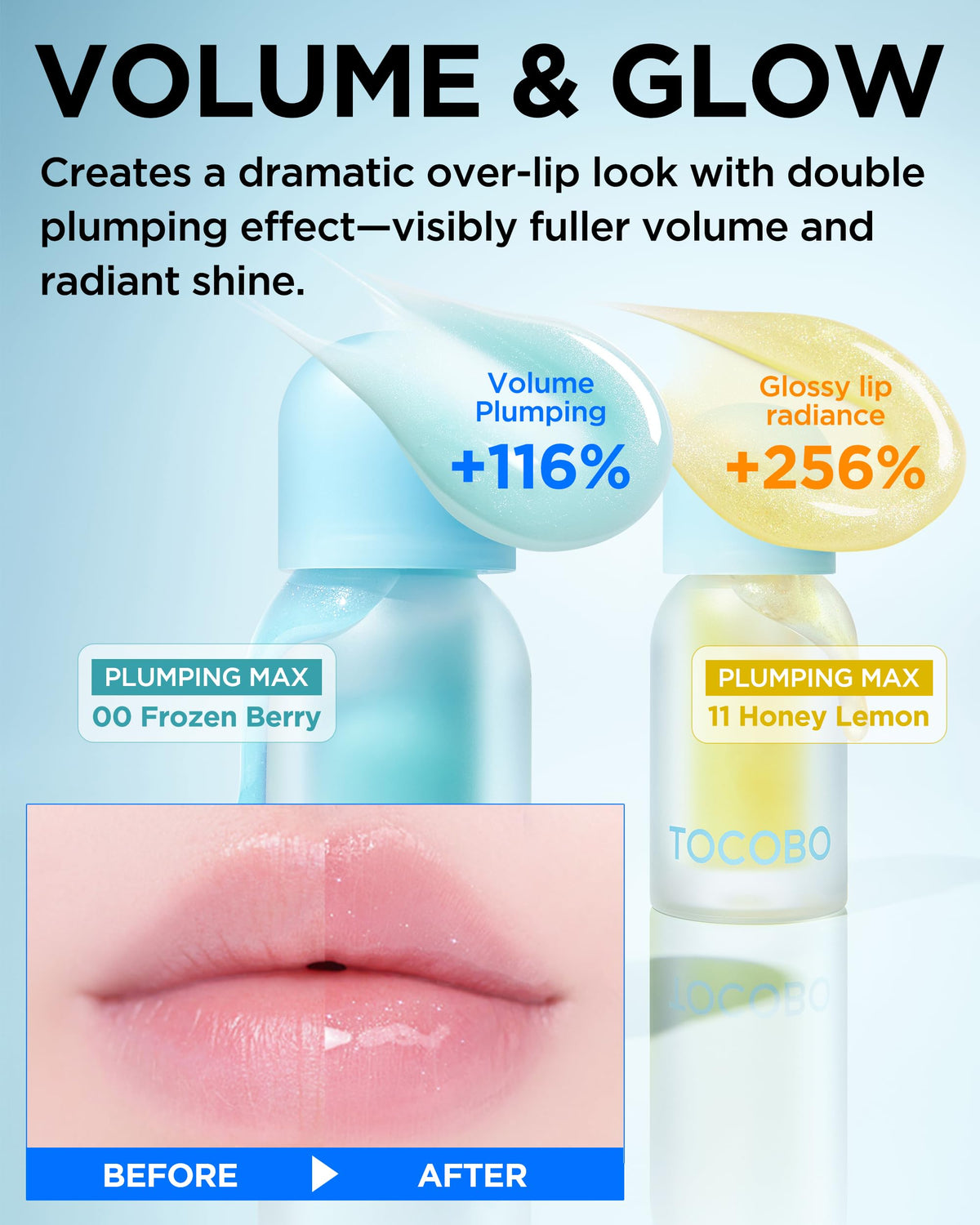 TOCOBO gloss applied on model lips creating plump glass-lips effect