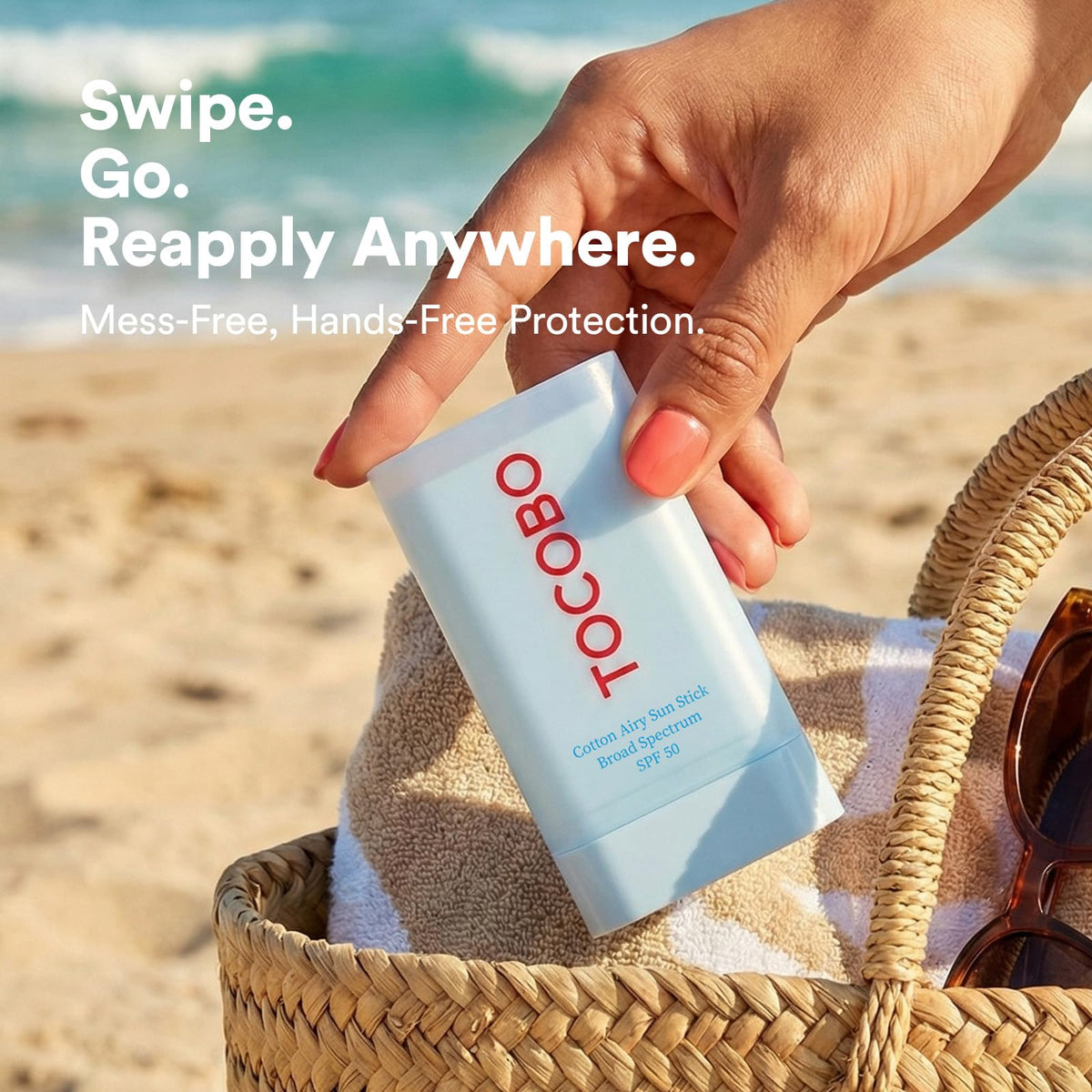 TOCOBO stick next to sunglasses showing pocketable size advantage