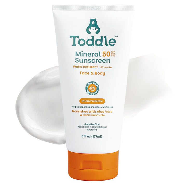Toddle front packaging 6oz showing SPF 50 protection and family-friendly design