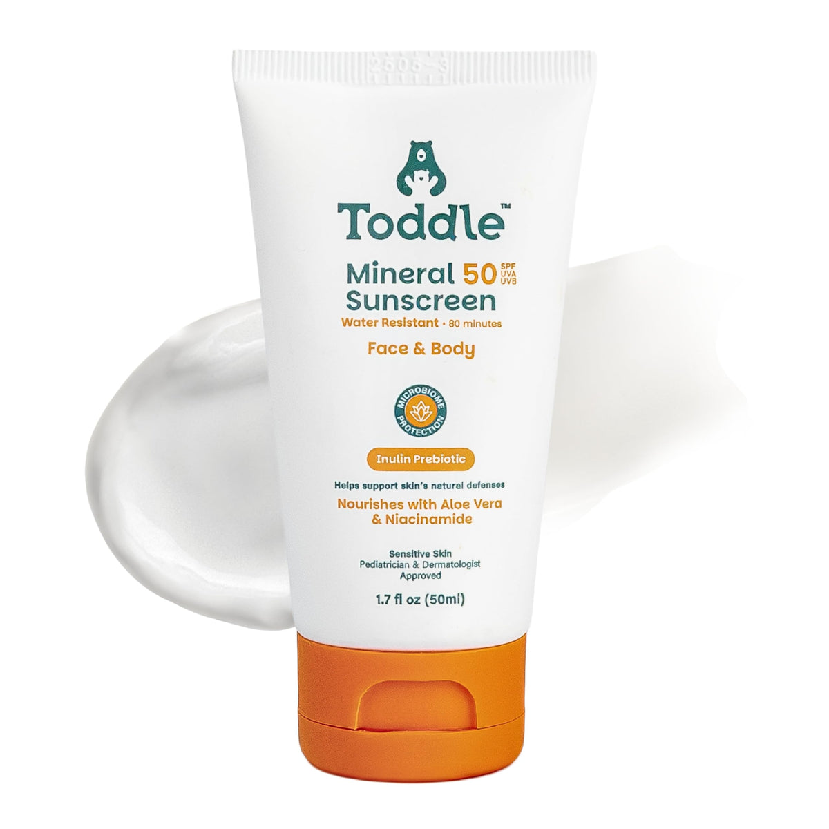Toddle front packaging showing 1.7oz travel sunscreen and SPF 50 protection benefit
