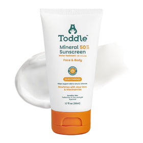 Toddle front packaging showing 1.7oz travel sunscreen and SPF 50 protection benefit