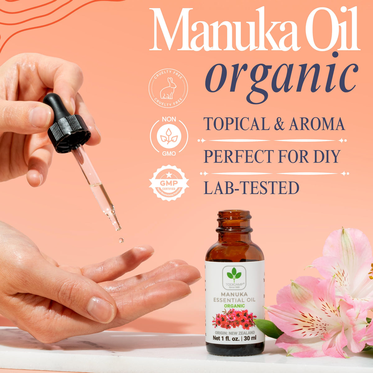 TODICAMP manuka oil droplet on skin demonstrating gentle topical application
