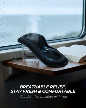 Tolaccea eye mask worn by traveler demonstrating blackout and relaxation