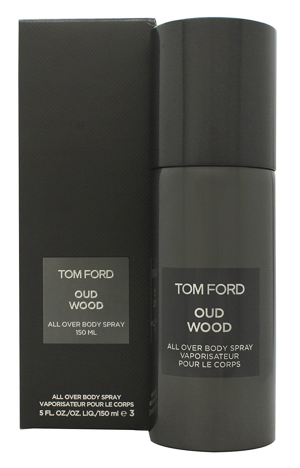 Tom Ford Oud Wood bottle beside lotion showing travel-friendly size and layering