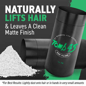 Tomb 45 powder applied into hands ready to distribute for easy styling