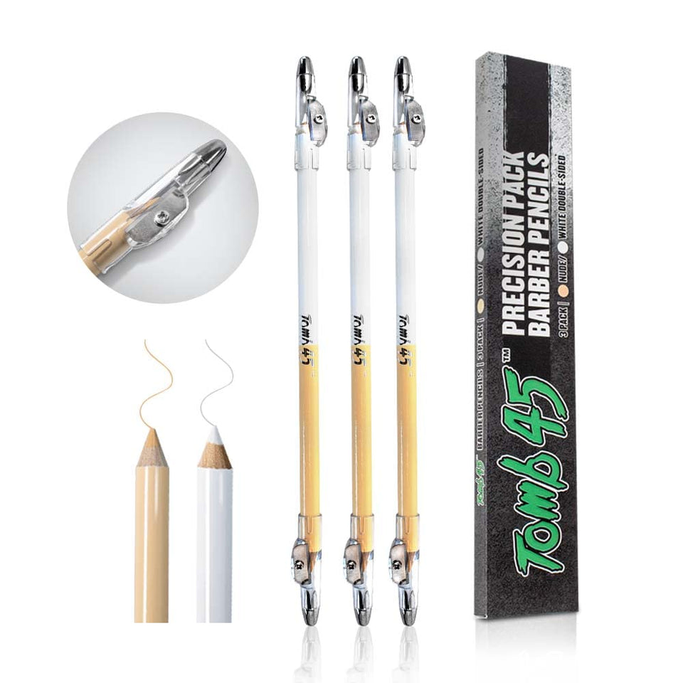 Tomb45 front packaging showing three dual-sided barber pencils for precise grooming