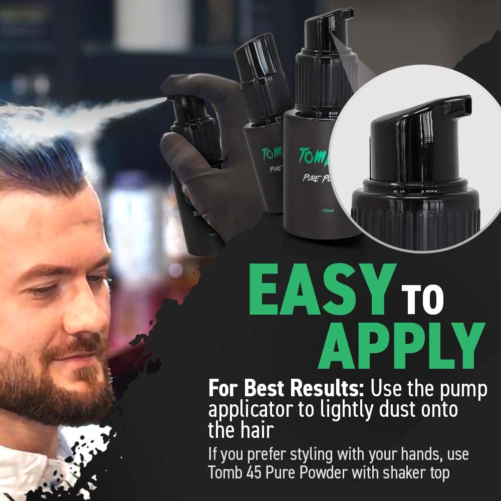 Tomb45 powder applied from hands into hair showing easy styling and lift