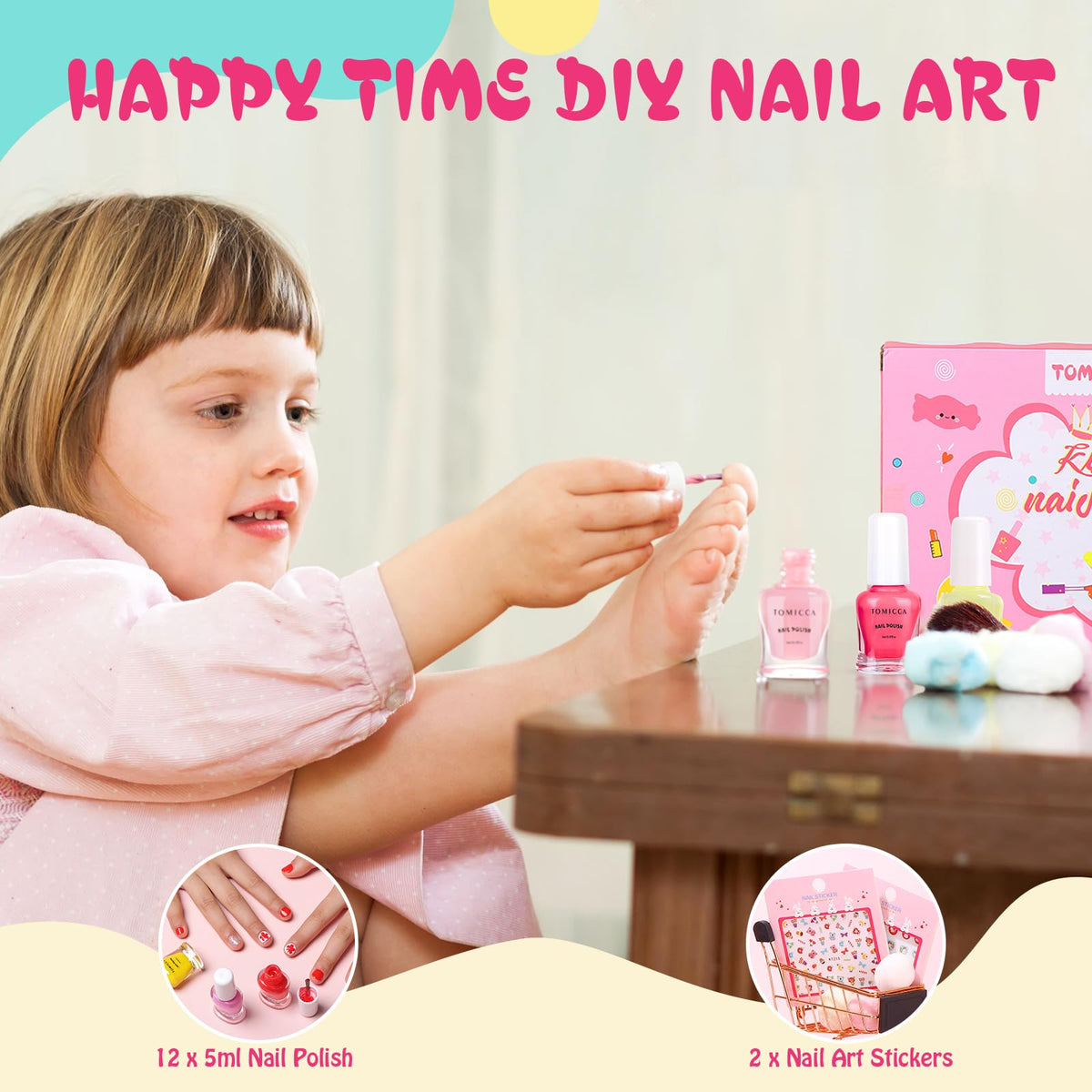 TOMICCA applied on child hands demonstrating safe, odorless polish for party-ready nails